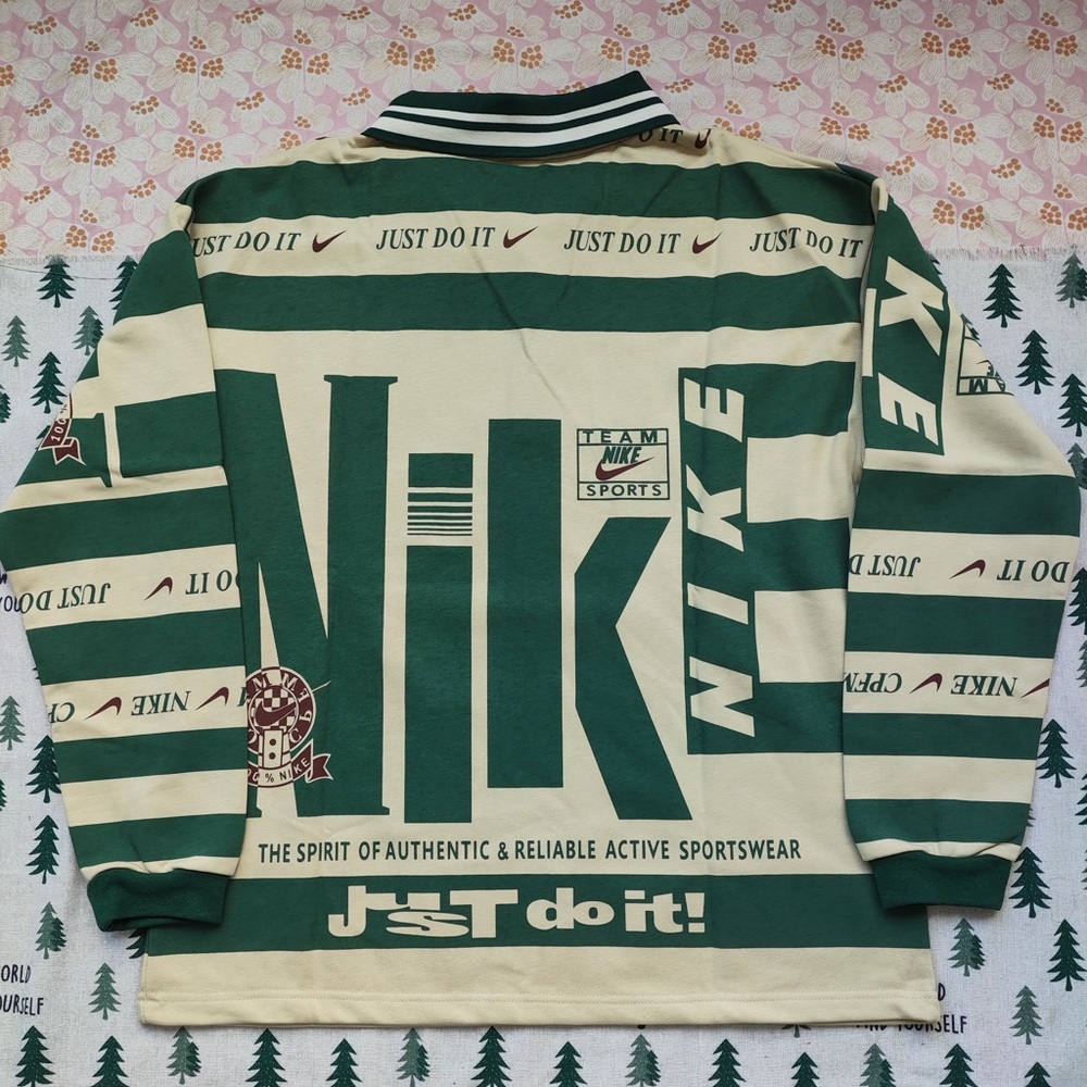 Nike Green and Cream Striped Long-Sleeve Polo with Bold Logo - Picture 2 of 7